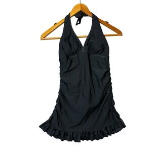 Love Your Assets Spanx Womens Swimsuit Small Black One Piece Halter Skirt Dainty